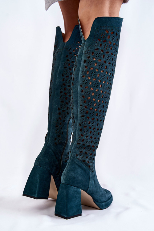 Ажурні замшеві чоботи на підборах Зелені кастри