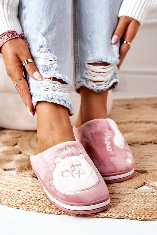 Велюрові тапочки з котиком Темно-рожеві Доброго ранку