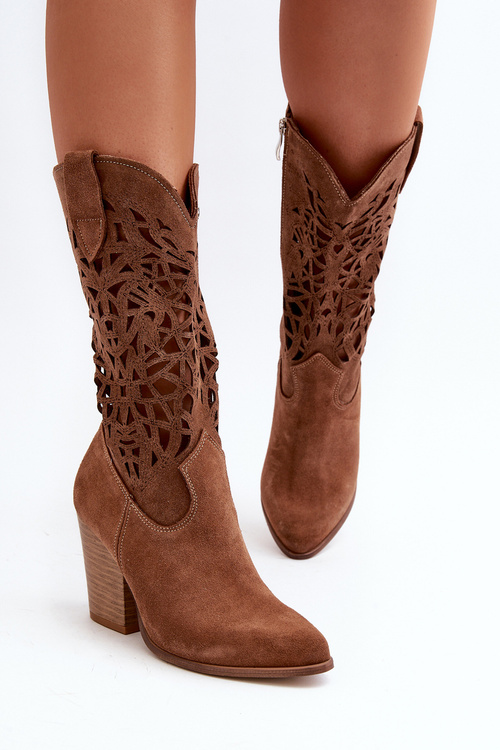 Жіночі бежеві замшеві ажурні чоботи на високих підборах Zazoo 3166/P