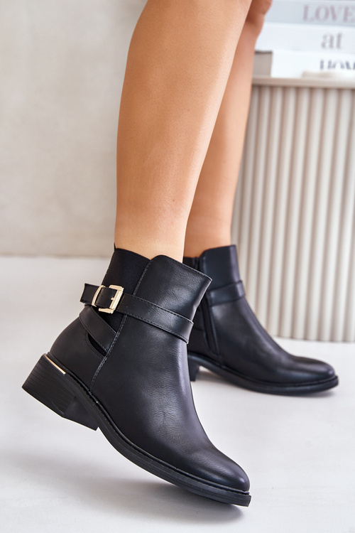 Жіночі ботильйони на низькому каблуці з екошкіри чорного кольору Zinlora