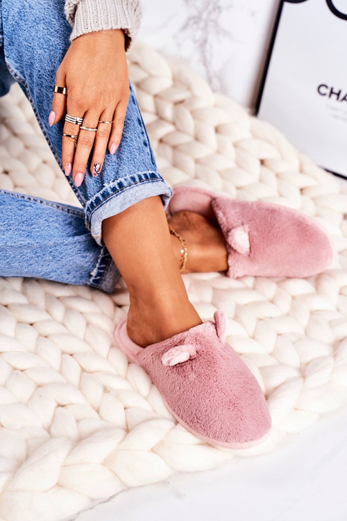 Жіночі домашні пухнасті тапочки з маленькими вухами Пудровий рожевий Бегемот