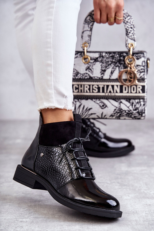 Лаковані теплі черевики на шнурівці Black Cathrine