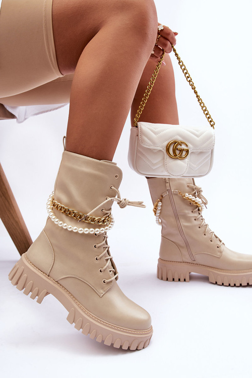 Шкіряні високі черевики з ланцюжком бежеві Nameer