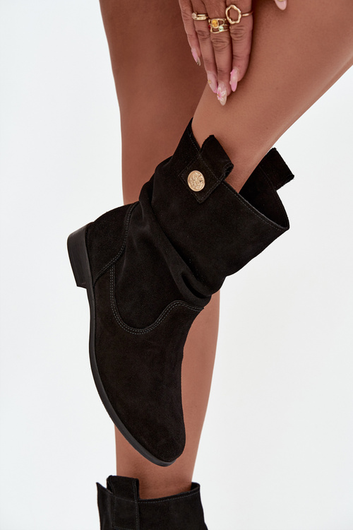 Шкіряні замшеві жіночі ботильйони з зібраннями ізоляція Zazoo 4210 Чорні