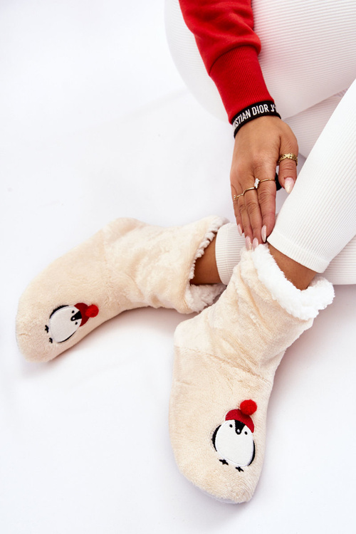 Жіночі тапочки Теплі тапочки з пінгвінами Бежеві