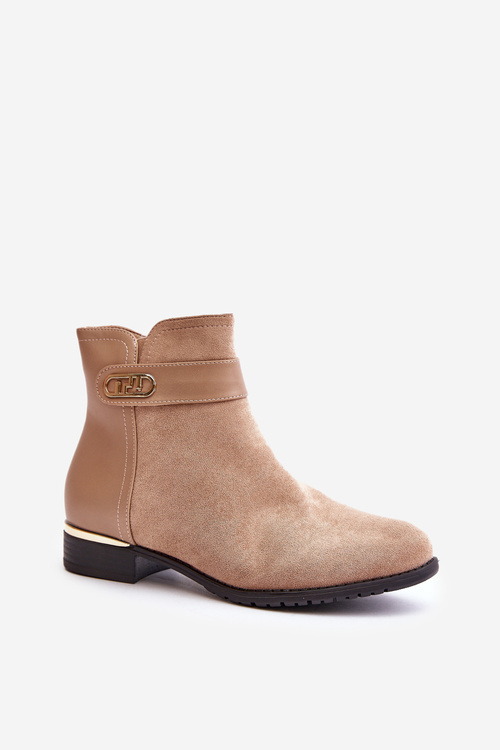 Теплі жіночі ботильйони на плоскому каблуці та золотистих деталях бежеві Ravasira