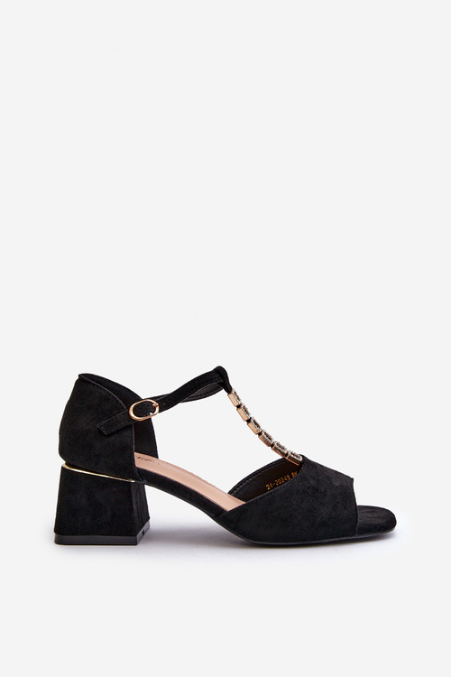 Жіночі босоніжки з блоковим каблуком і декоративним ремінцем з еко замші чорного кольору Obivena