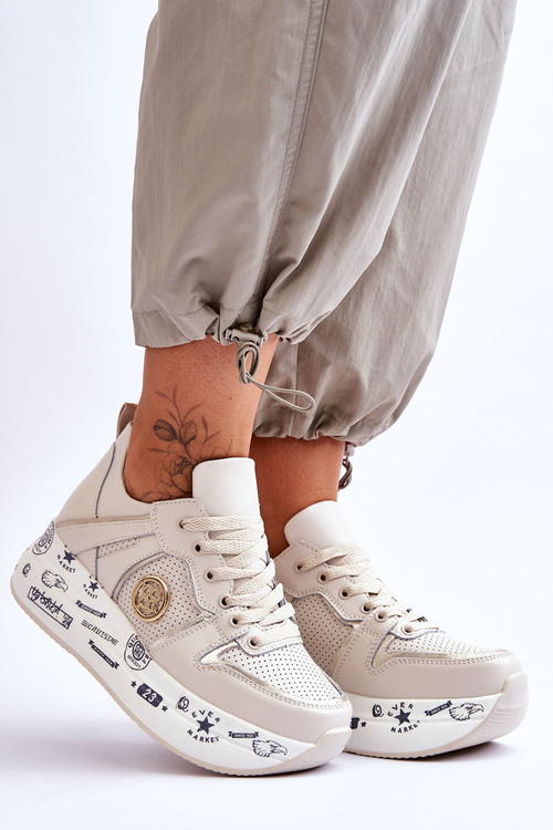 Жіночі шкіряні кросівки на масивній платформі бежеві Asturia