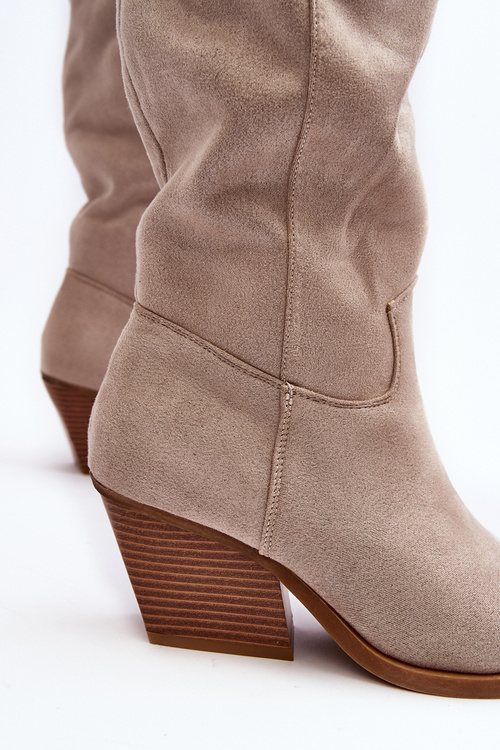 Жіночі ковбойські чоботи на підборах до коліна світло-бежеві Oppore