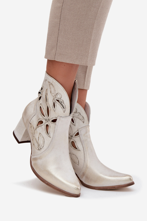 Шкіряні Витравлені Жіночі Чоботи На Каблуці Zazoo 3647 Золото Витертій