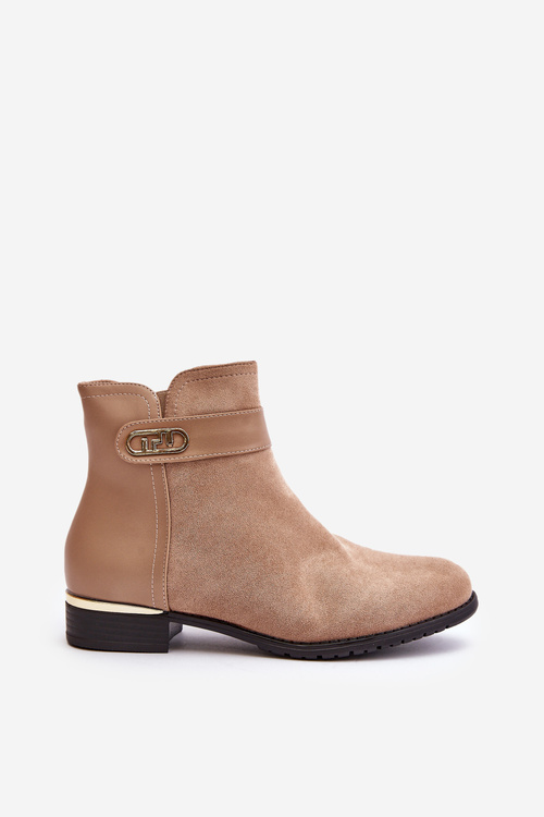 Теплі жіночі ботильйони на плоскому каблуці та золотистих деталях бежеві Ravasira