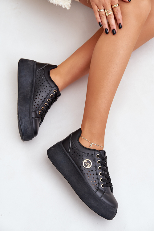 Перфоровані Кросівки З Золотою Деталлю Чорні Cassildi