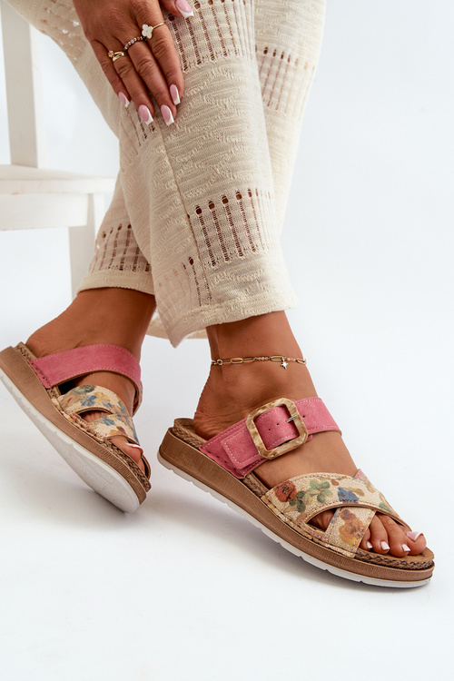 Зручні жіночі шльопанці з пряжкою в квіти Inblu GS000051 Рожевий