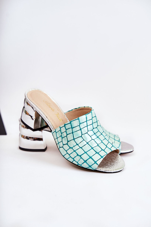 Шкіряні жіночі тапочки Крокодиловий візерунок На каблуці Салатовий Перрі