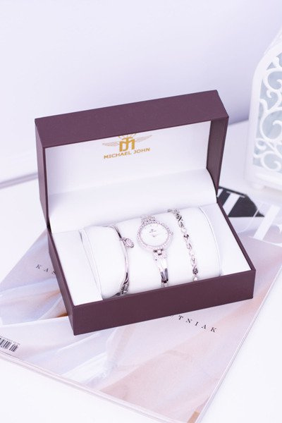 Жіночий срібний годинник Michael John з цирконами, набір двох браслетів