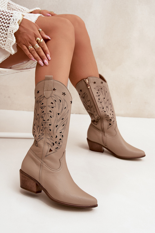 Шкіряні Чоботи З Перфорованою Накладкою Темно-Бежеві Zazoo 3714