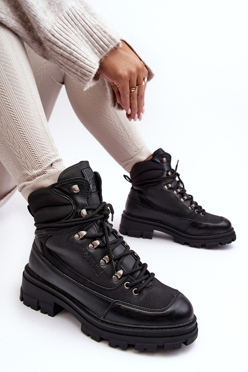Жіночі теплі черевики на шнурівці з підкладкою чорні Big Star MM274663