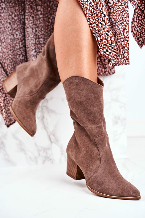 Жіночі чоботи на високому каблуці з нубуку світлі капучіно Nicole 2580