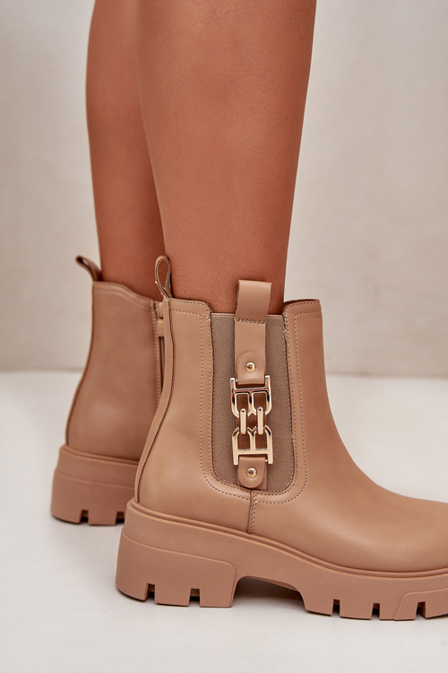 Теплі жіночі черевики Екошкіра з золотистим декором Бежеві еривіани