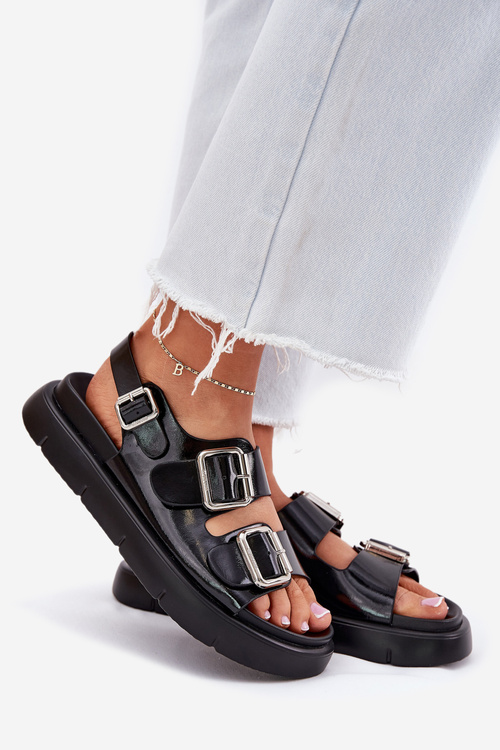 Шкіряні Лаковані Жіночі Сандалі З Пряжками Big Star RR274662 Чорні