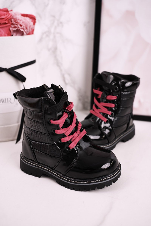 Дитячі утеплені черевики з стьобаним лаком Black Pinkie