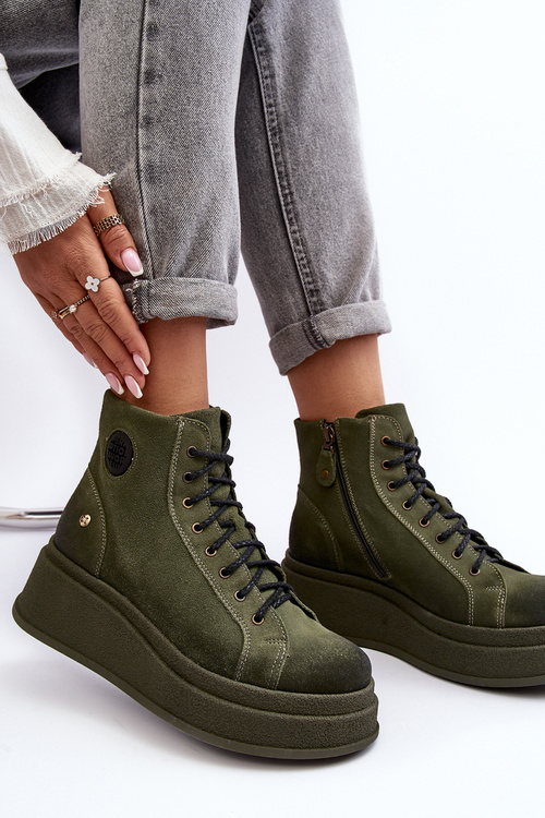 Чоботи шкіряні на масивній платформі Maciejka 06309-24 Оливкові