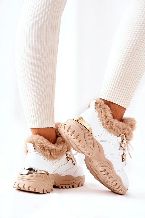 Шкіряне утеплене спортивне взуття білого та бежевого блиску