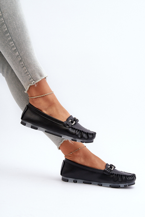 Жіночі чорні шкіряні мокасини з орнаментом S.Barski LR339