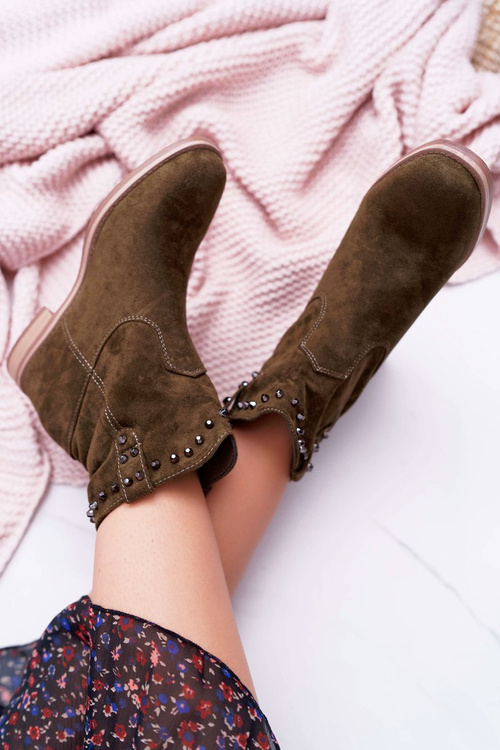 Жіночі чоботи на шпильці Плоский каблук Утеплені за щиколотку Оливкові деміні