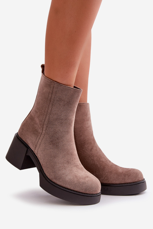 Екозамшеві жіночі ботильйони на каблуці з утепленням темно-бежевого кольору Meriluna
