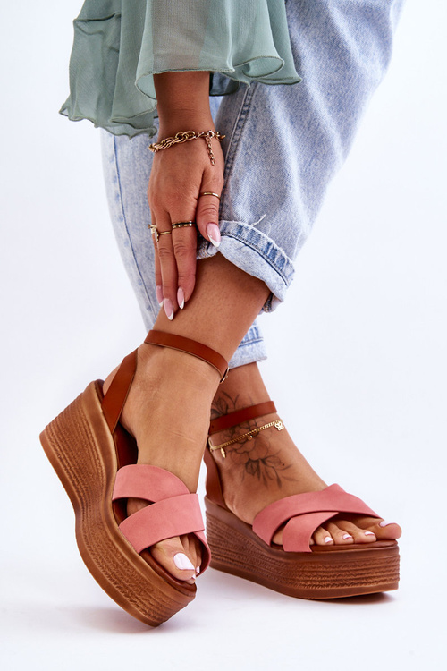 Жіночі зручні босоніжки на танкетці Коричнево-рожеві Laurie