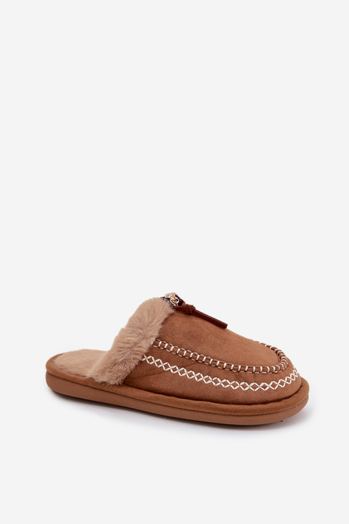 Жіночі тапочки з хутром і вишивкою коричневі Perivelle