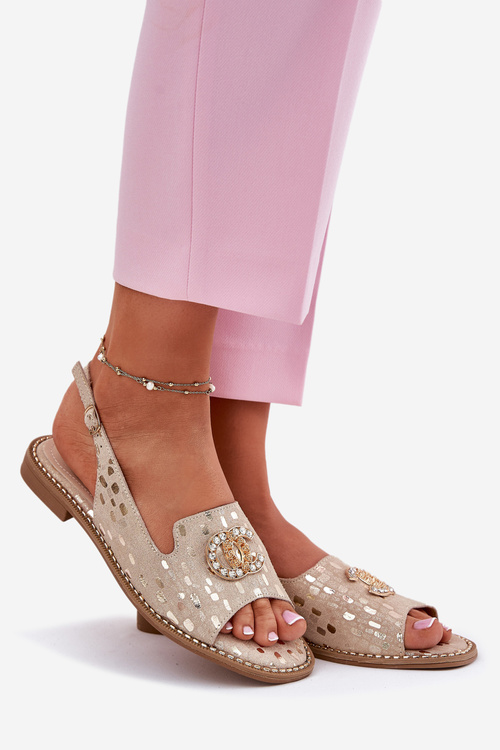 Шкіряні Сандалі З Декором На Плоскому Каблуці S.Barski KV51-096 Золоті