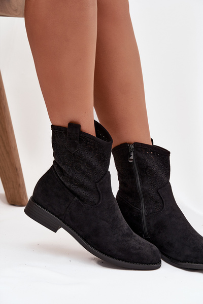 Жіночі чоботи на плоскому каблуці з відкритим узором S.Barski HY52-530 Чорний