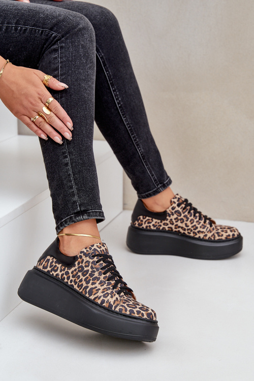 Шкіряні кросівки на платформі з леопардовим принтом Zazoo 3346 коричнево-чорні