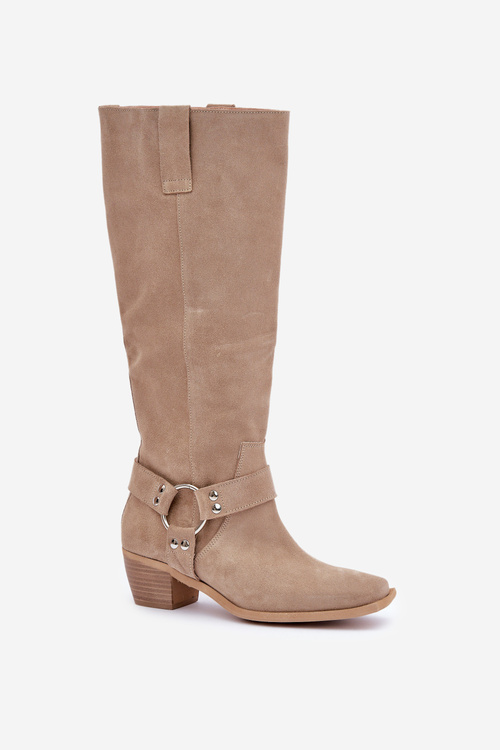 Замшеві Чоботи З Низьким Каблуком З Чоботом Під Коліно Світло Бежеві Зазу 3444/O