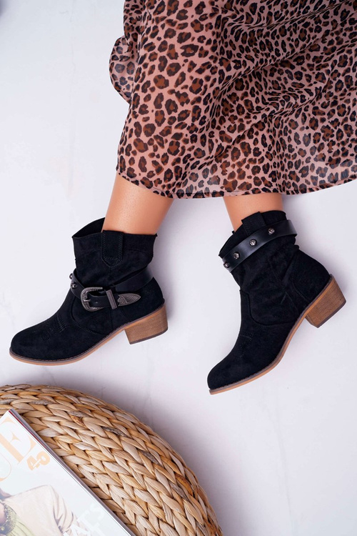 Жіночі ковбойські чоботи на плоскому каблуці з пряжкою Чорні Ewell