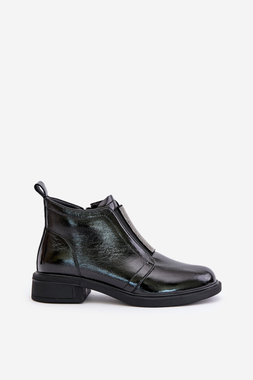 Шкіряні лаковані низькі ботильйони з прикрасою на блискавці D&A MR880-142 Чорні