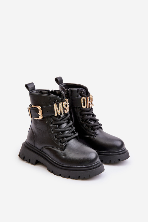 Черевики для дівчинки з екошкіри утеплені декоративним ремінцем Gilian чорного кольору