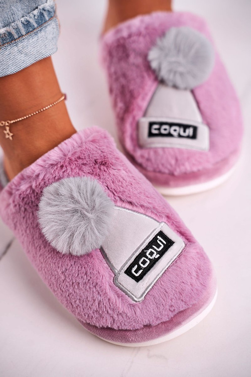 Жіночі пухнасті тапочки з шапочкою і помпоном фіолетові зберігають тепло