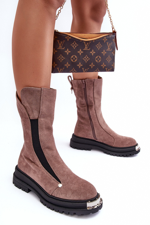 Жіночі ботильйони зі штучної замші на плоскій підошві темно-бежевого кольору Palimra