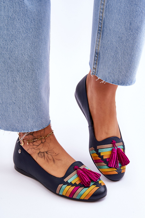 Шкіряні балетки з бахромою Maciejka 04016-17 Темно-синій