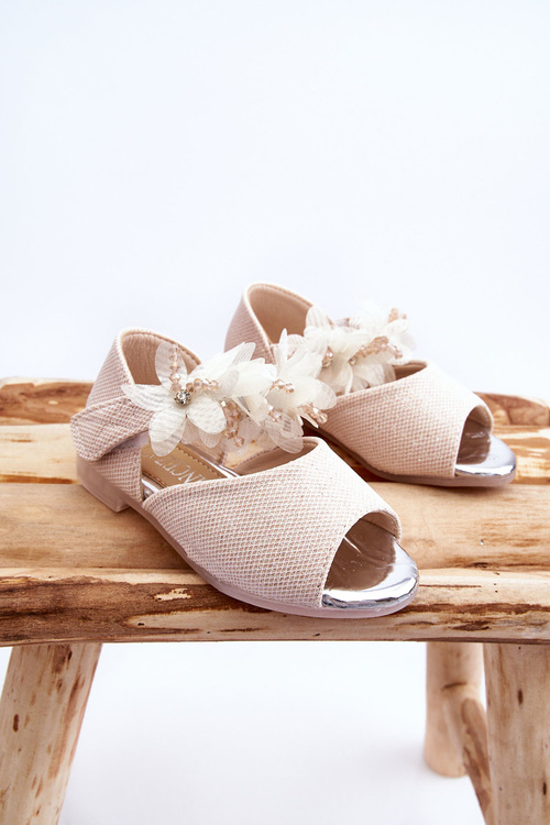 Дитячі босоніжки на липучці з квітами бежеві Fiona