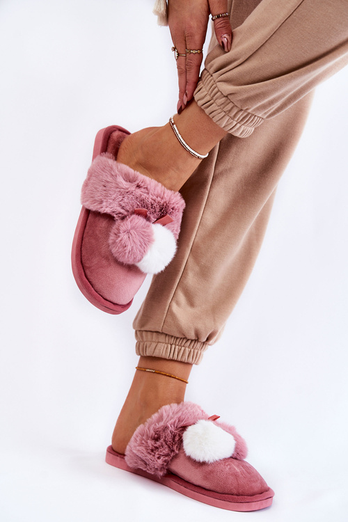 Жіночі тапочки з помпонами і хутром Рожева сахіра