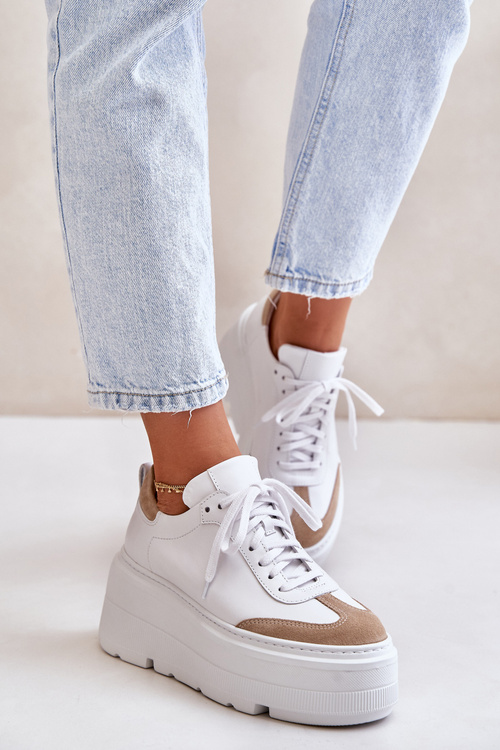 Шкіряні кросівки на масивній платформі біло-бежеві Lewski 3635/X