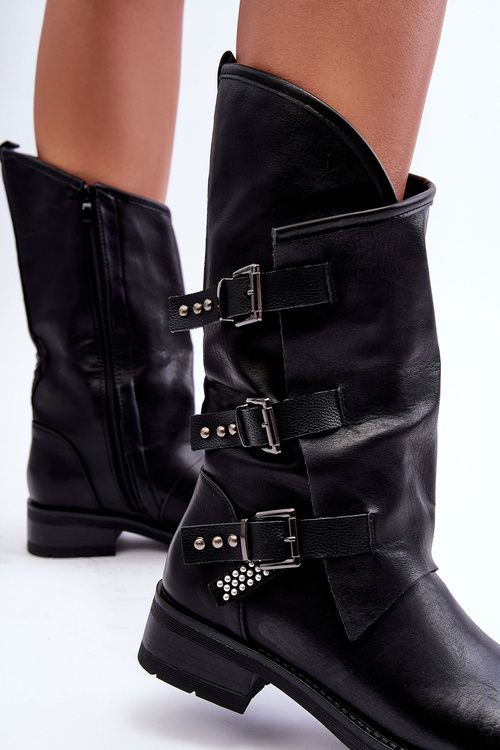 Жіночі шкіряні ботильйони на плоскому каблуці чорного кольору Nyreo