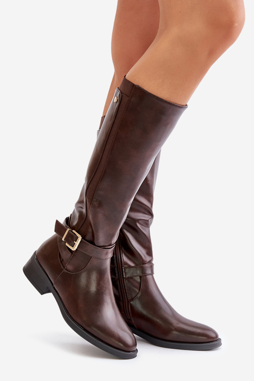 Жіночі утеплені чоботи на плоскій каблуці із золотою пряжкою коричневого кольору Arsisna