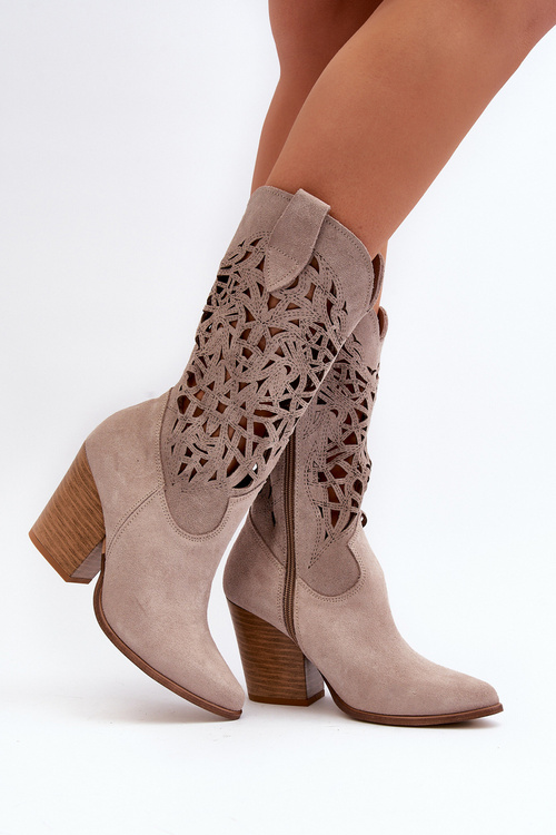 Жіночі бежеві замшеві ажурні чоботи на високих підборах Zazoo 3166/P