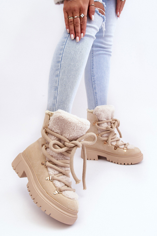 Жіночі снігові черевики на шнурівці світло-бежеві шалі