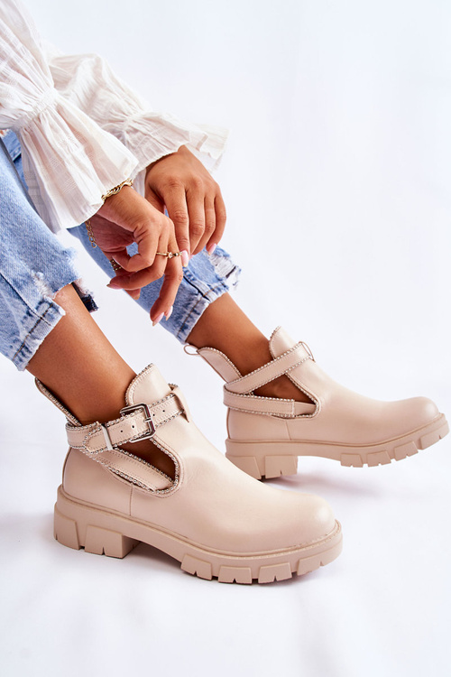 Жіночі шкіряні чоботи на шпильці, бежевий бордюр
